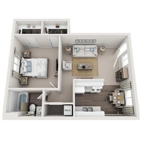 Floor plan for 1 bed, 1 bath, 711 sqft